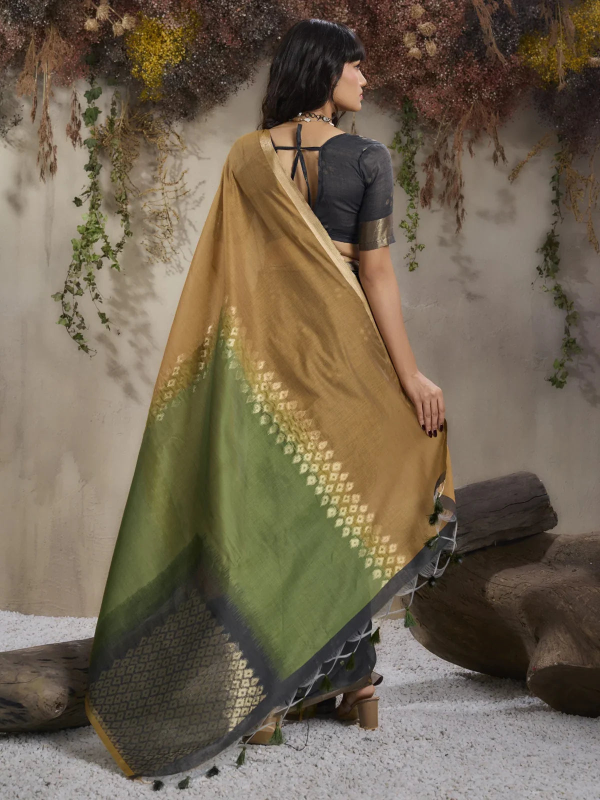 Back view of Tarani viscose cotton saree with olive mustard pallu and soft drape