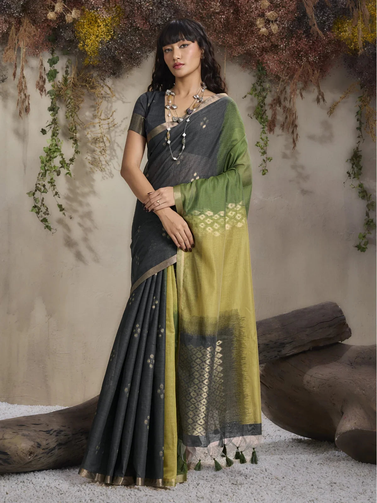 Tarani premium green viscose cotton handloom saree with soft textured weave and party-ready elegance - front view