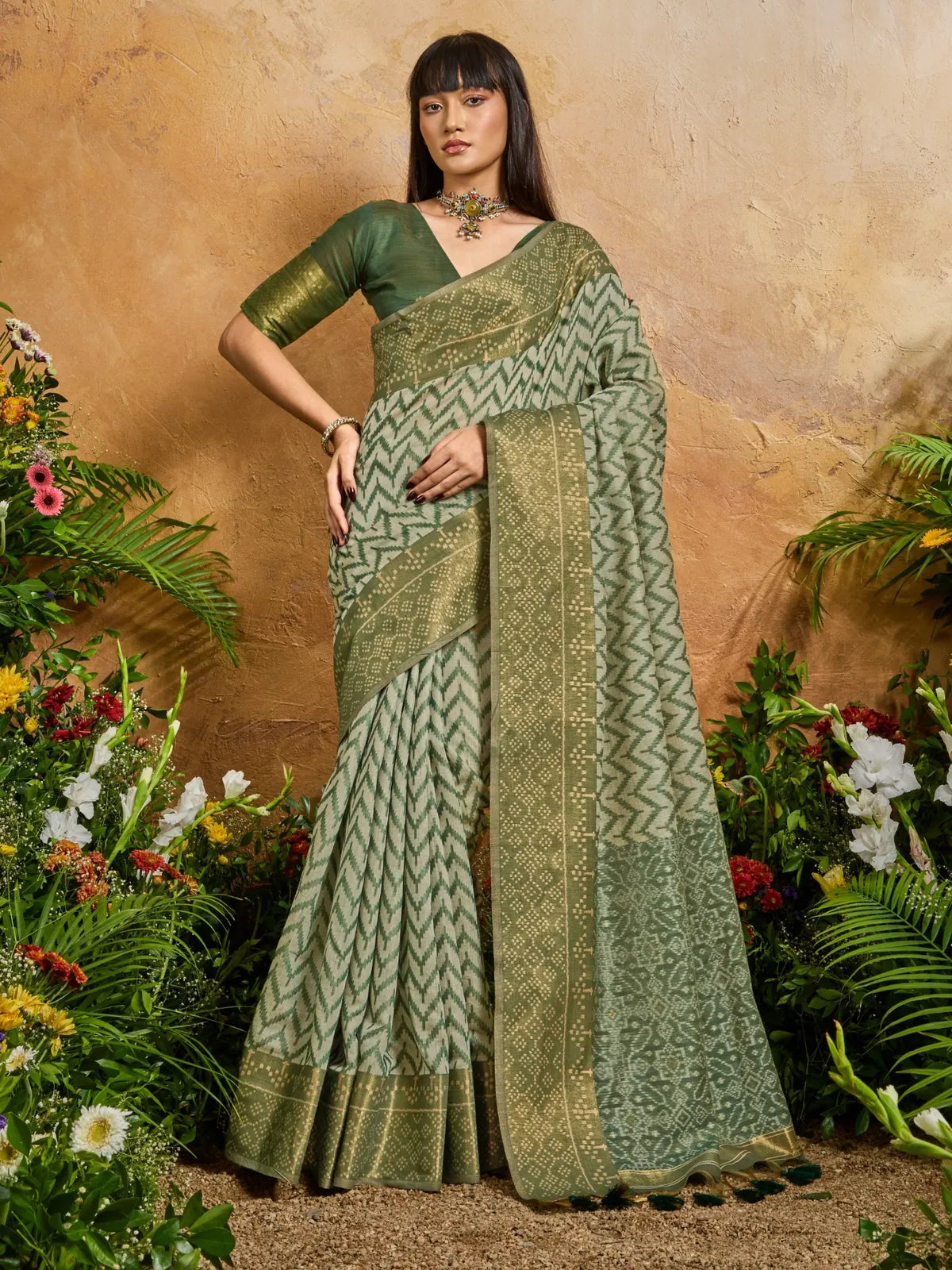 Tarani green viscose cotton saree in handloom weave with matching blouse and woven detailing, full view