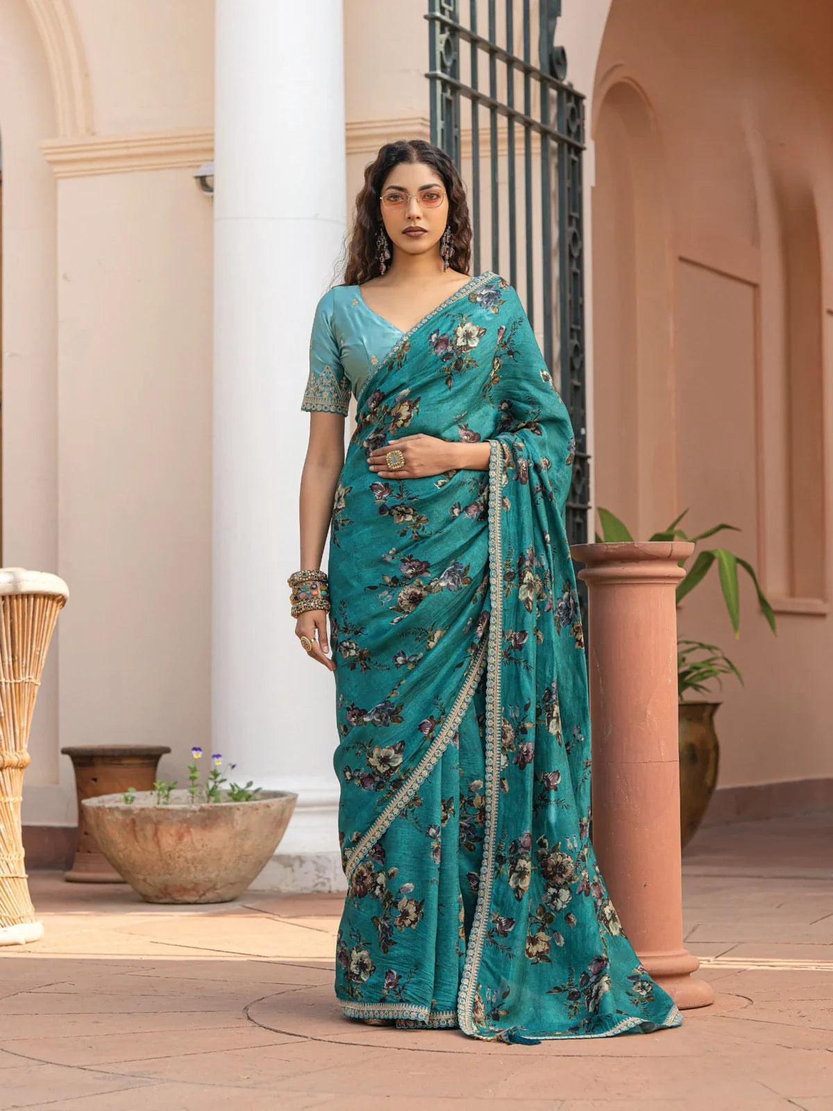 Tarani green viscose dola silk saree full view with floral prints and blouse piece