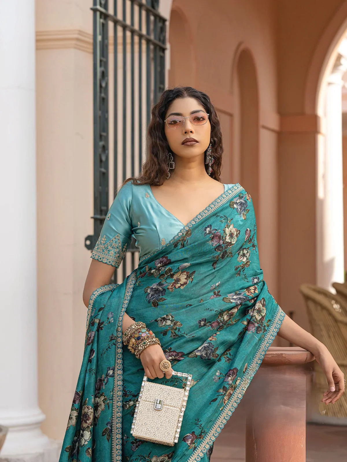 Tarani green viscose dola silk saree upper body view styled with jewelry