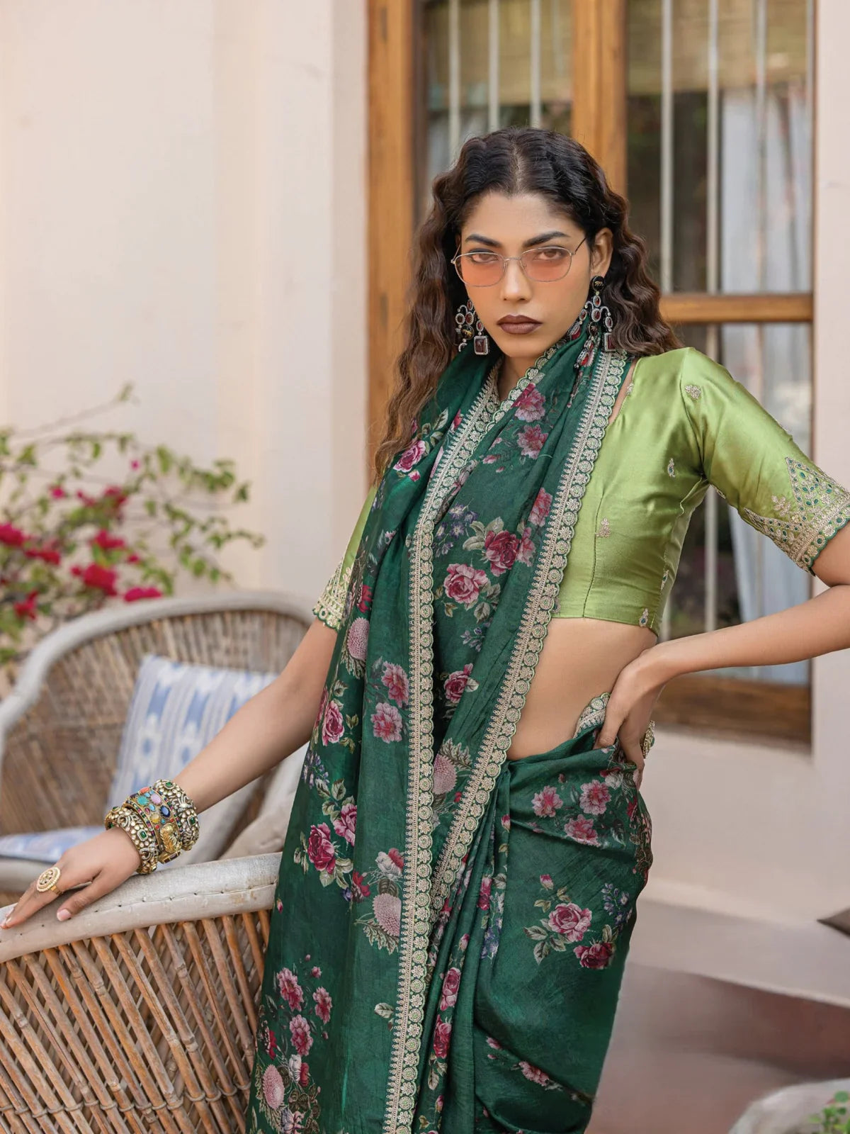 Tarani green viscose dola silk saree upper body view with floral elegance
