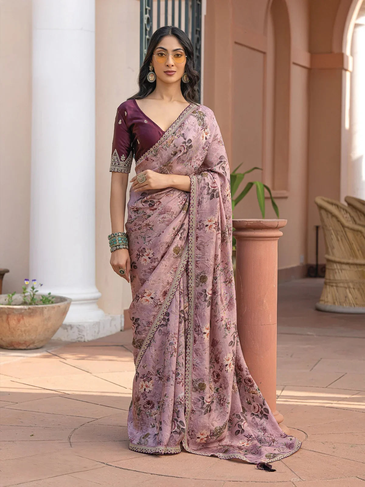 Tarani lavender viscose dola silk saree full view with floral design and elegant drape