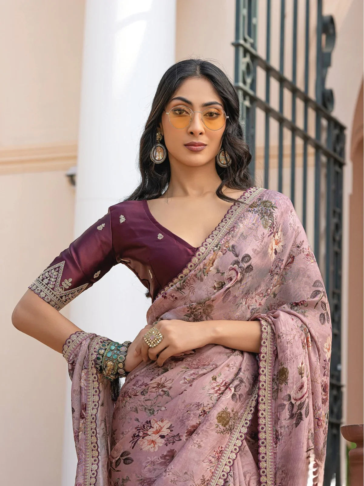 Tarani lavender viscose dola silk saree upper body view with floral detailing and blouse
