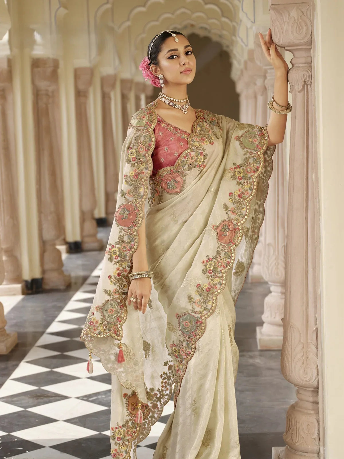 Tarani beige viscose jacquard saree full view with silk blouse and tassel border embroidery