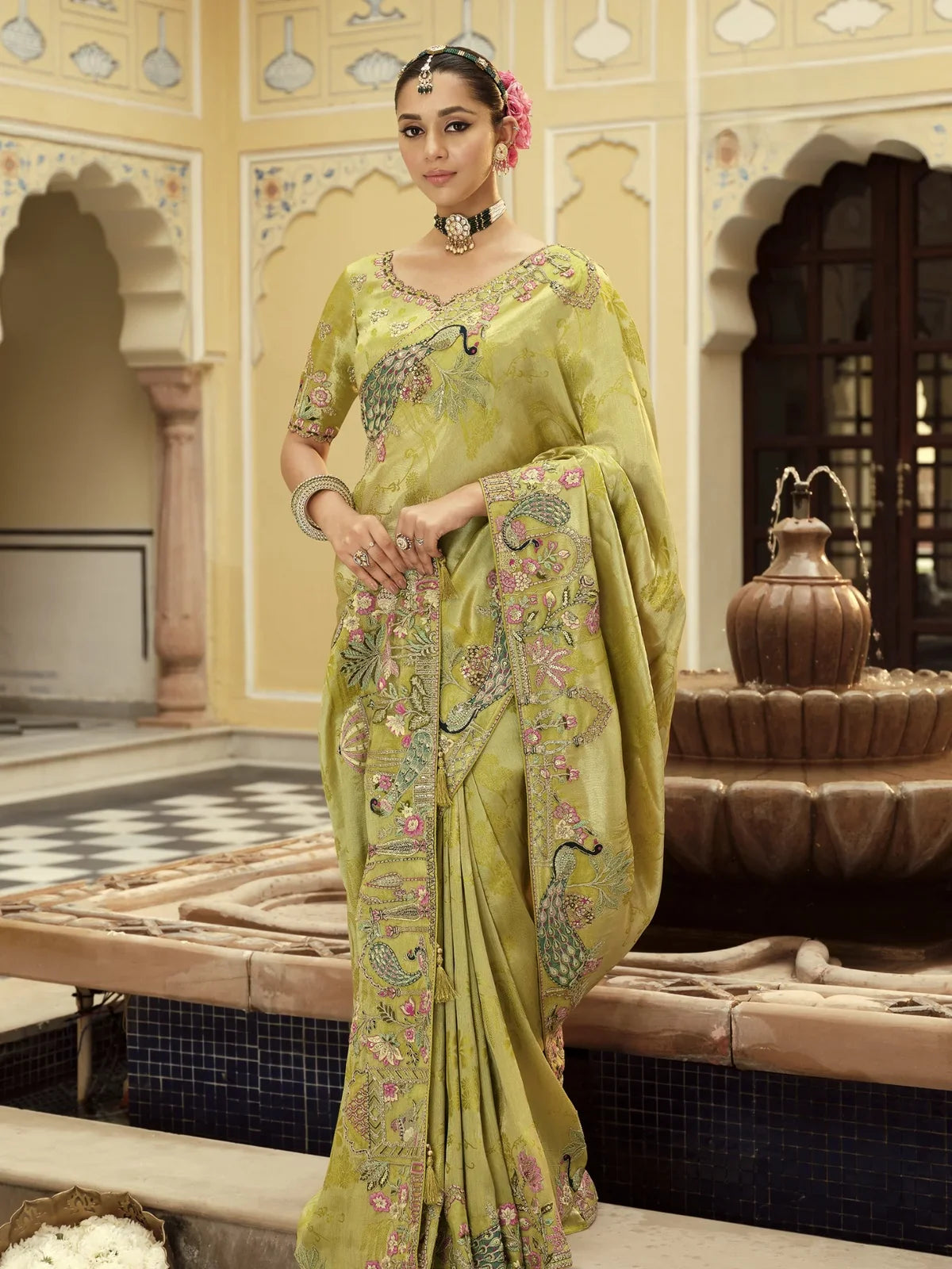Tarani premium green viscose jacquard saree full view with silk blouse and embroidery