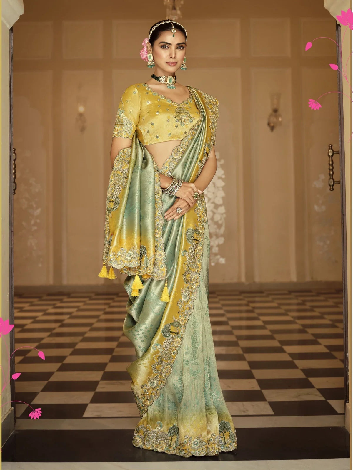 Tarani premium green viscose jacquard saree with silk blouse and hand embroidery full view