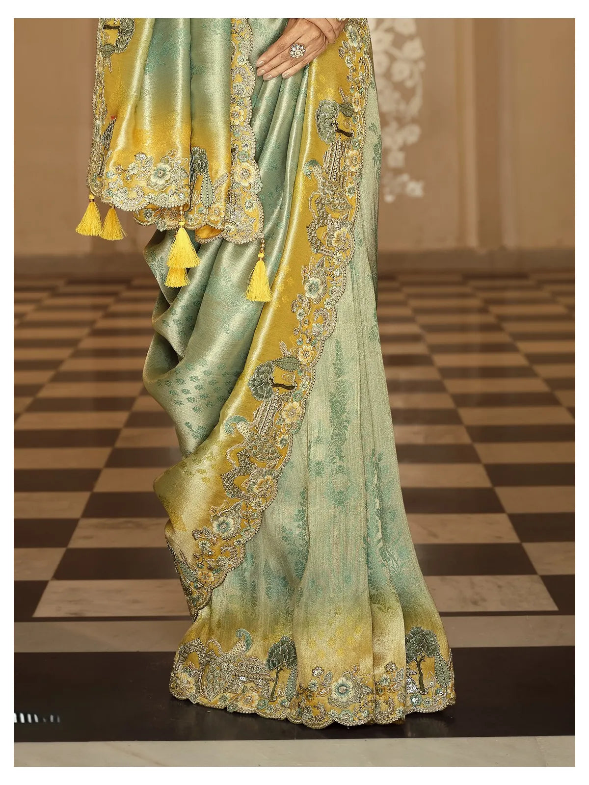 Tarani designer green viscose jacquard saree with detailed border and tassles pallu view