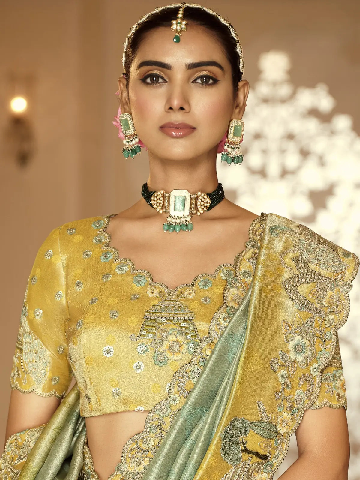 Tarani viscose jacquard saree in green with embroidered silk blouse upper body view