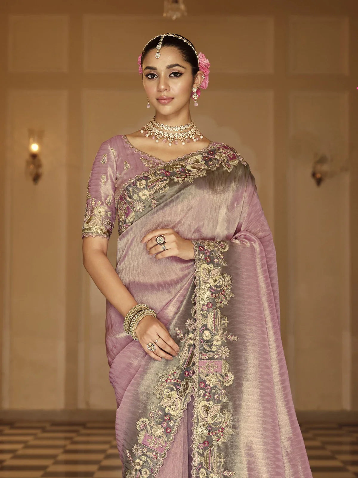 Tarani lavender viscose jacquard saree upper body view showing silk blouse embroidery