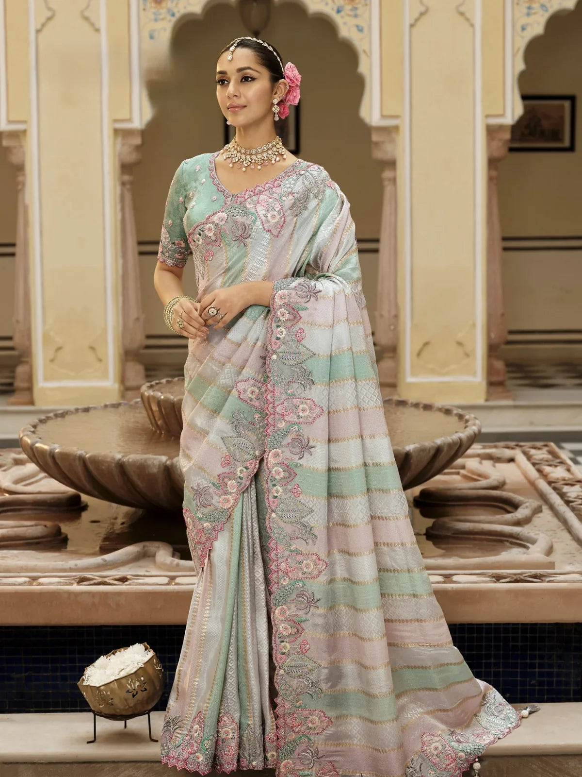 Tarani mint green viscose jacquard saree with silk blouse and embroidery full view