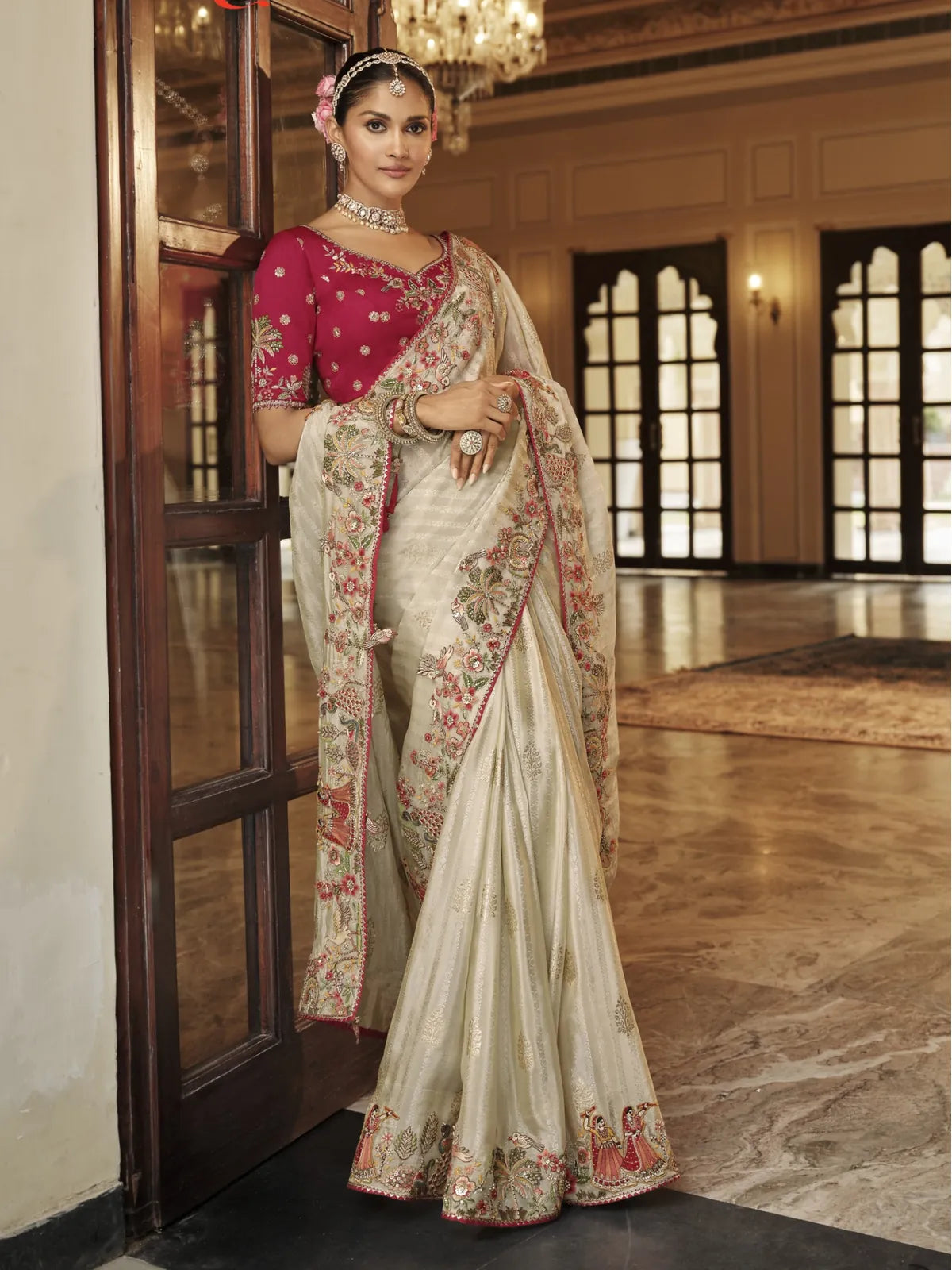 Tarani beige viscose jacquard saree full view with red silk blouse and hand embroidery