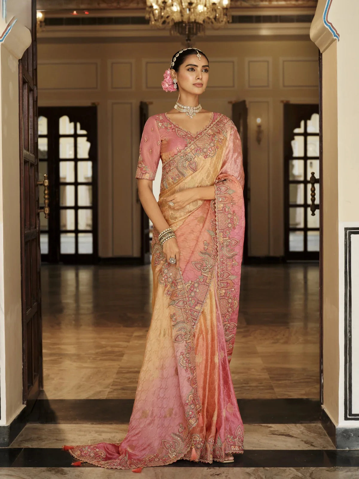 Tarani peach pink viscose jacquard saree with silk blouse embroidery front pose