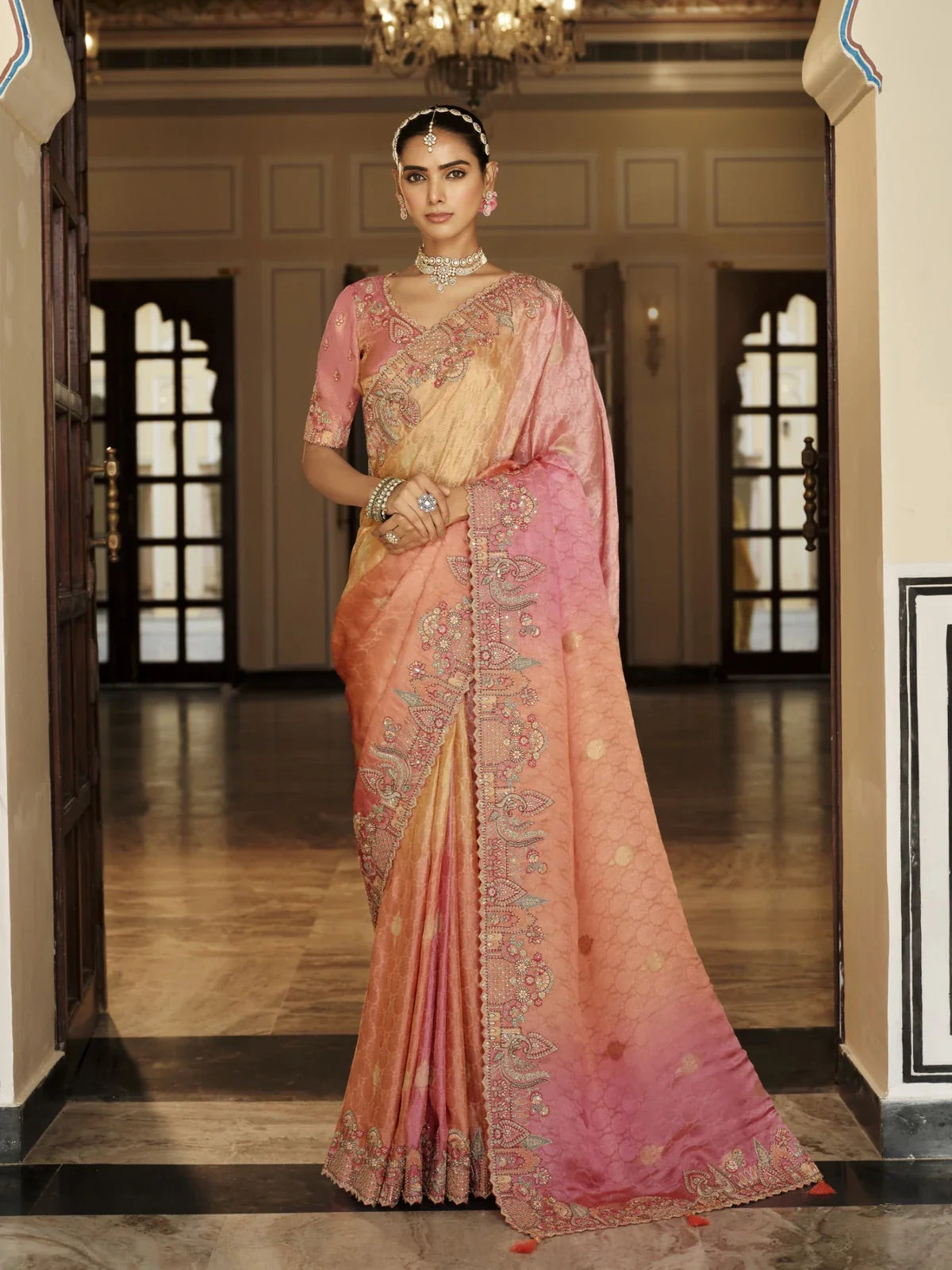 Tarani peach pink viscose jacquard saree with silk blouse and embroidery full view