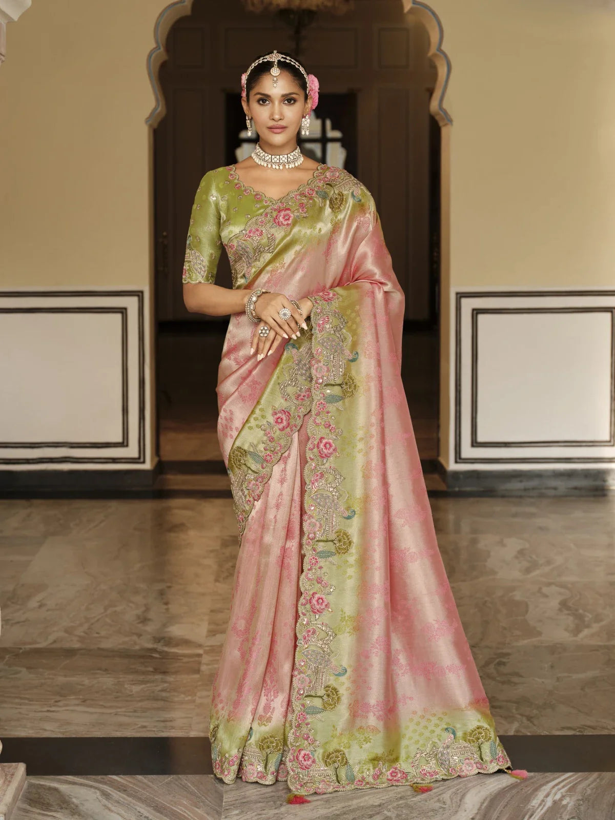 Tarani premium pink green viscose jacquard saree full view with embroidered blouse