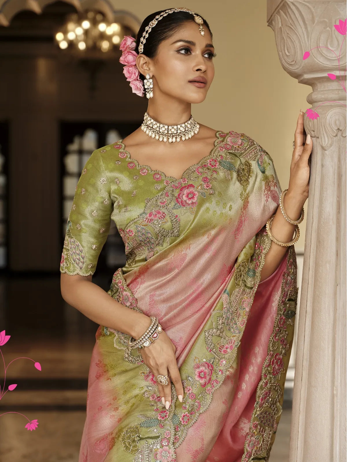 Tarani premium pink green viscose jacquard saree upper body view highlighting blouse and jewellery