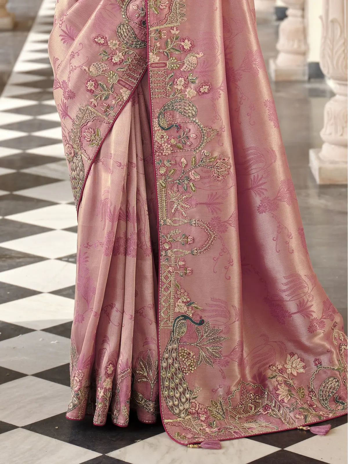 Tarani pink viscose jacquard saree pallu and border view with hand embroidery and fancy tassles