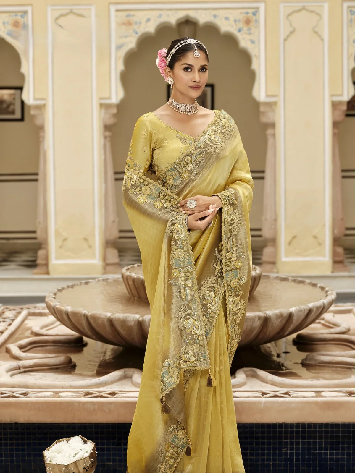 Tarani premium yellow viscose jacquard saree with silk blouse and hand embroidery full view