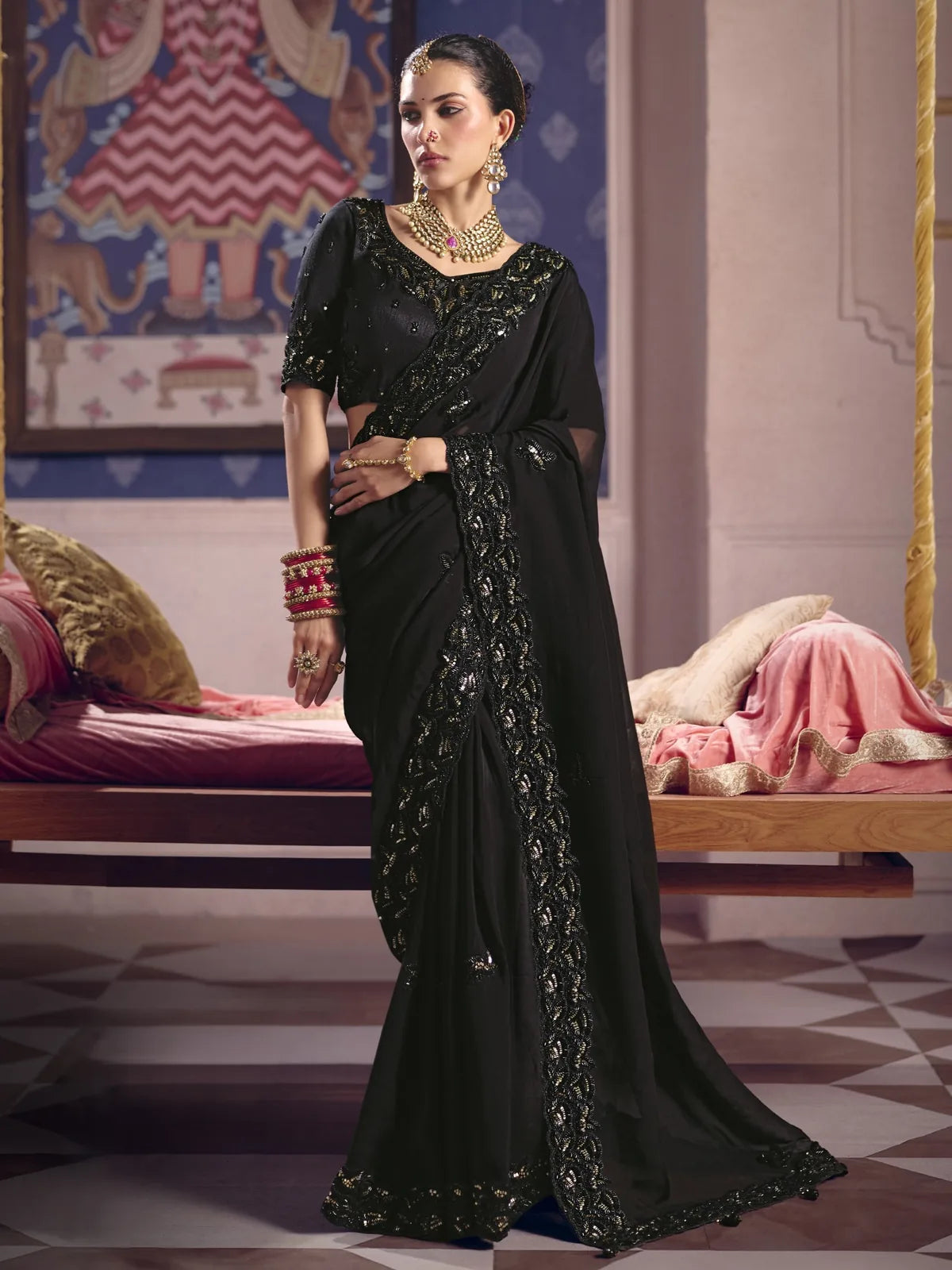 Tarani black viscose zari tissue silk saree full view with heavy embroidery and bead work for party wear