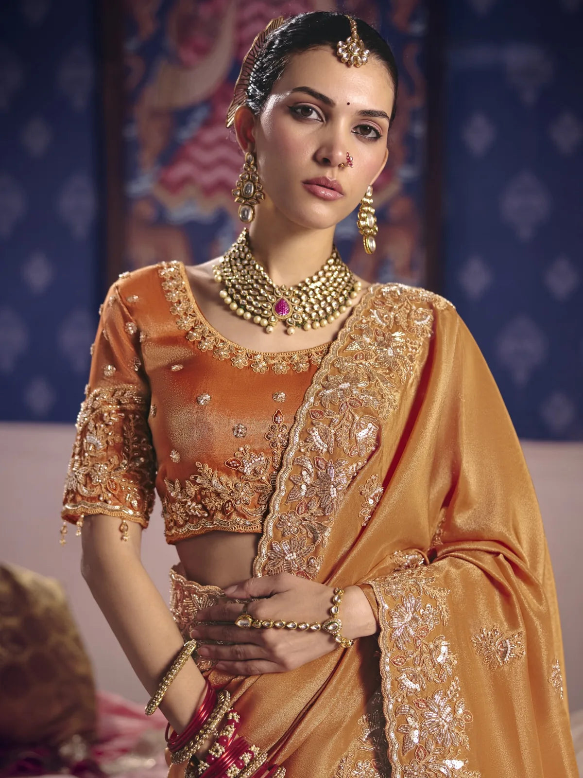 Tarani golden embroidered Viscose Zari Tissue Silk saree upper body view with ornate blouse Nimrita