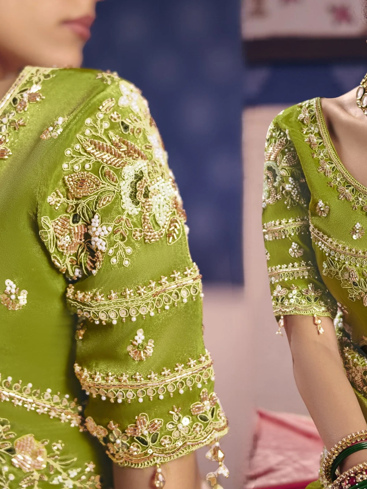 Tarani green blouse close up with embroidery bead work and sleeve detailing in Viscose Zari Tissue Silk Jeevanti