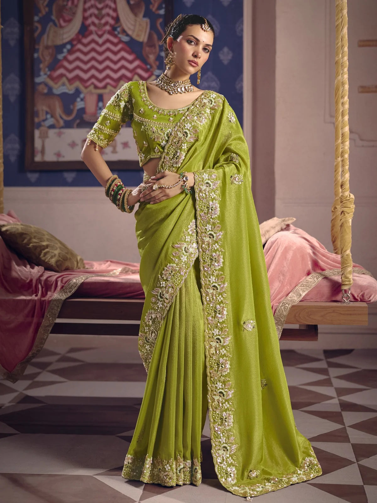 Tarani green Viscose Zari Tissue Silk saree with heavy embroidery bead work full view for wedding and festive wear Jeevanti