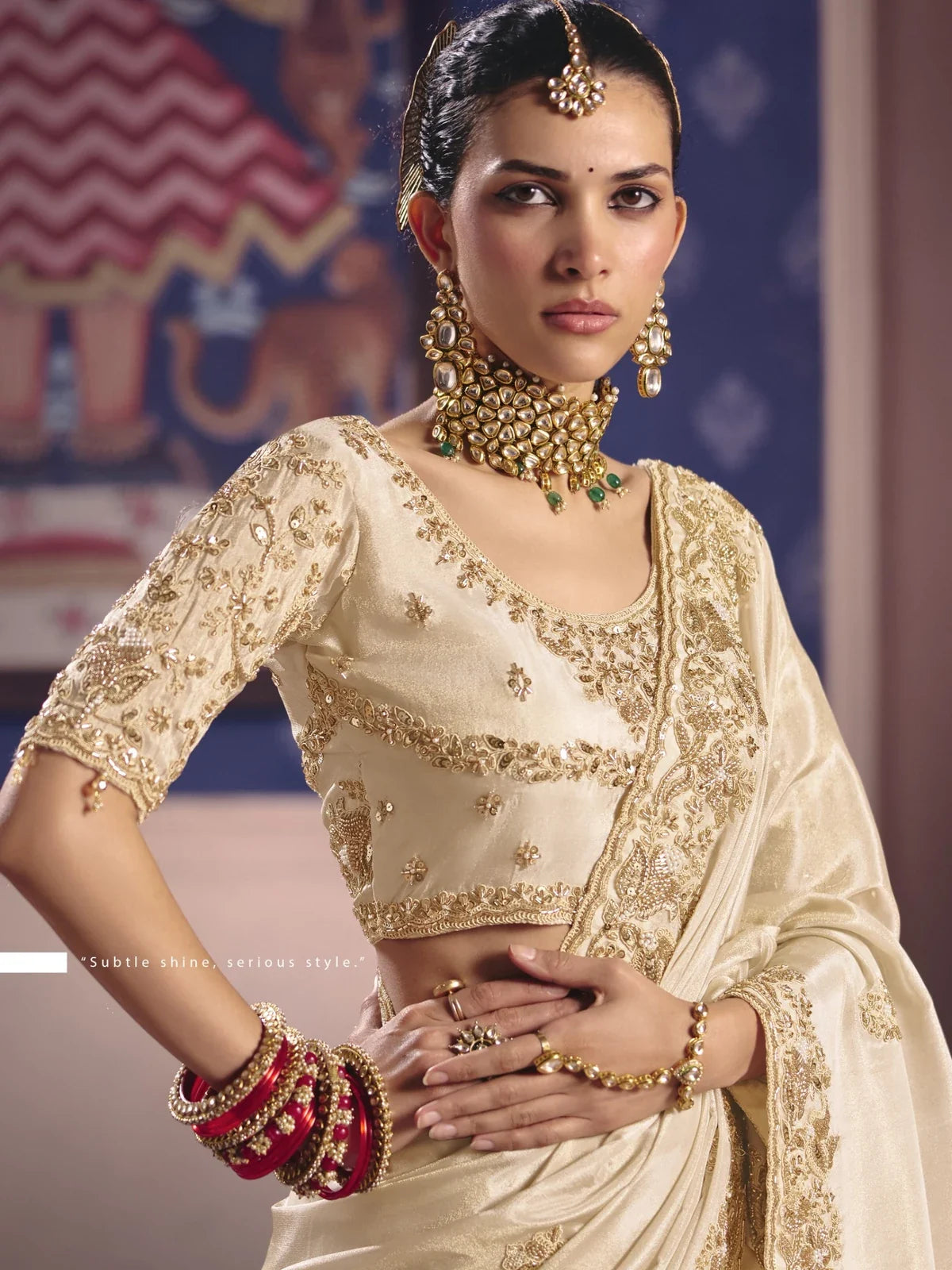 Tarani off white Viscose Zari Tissue Silk saree upper body view with embroidered blouse and zari border detailing