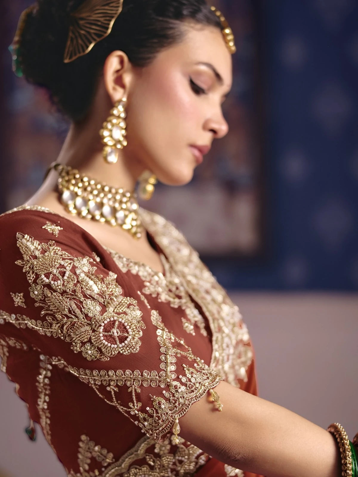 Tarani Supriya closeup view showing intricate embroidery bead work and zari detailing on rust saree
