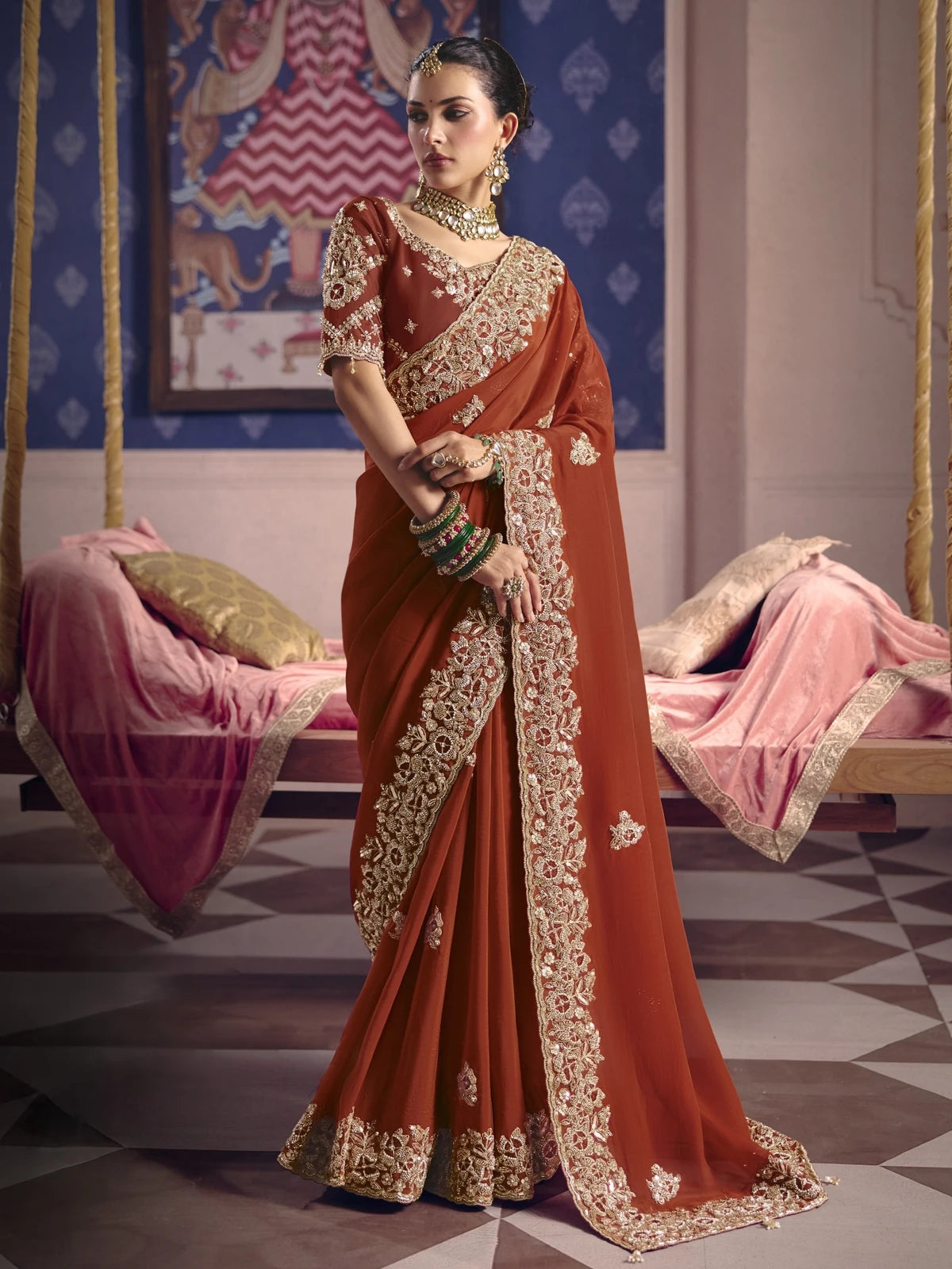 Tarani Supriya rust viscose zari tissue silk saree full view with heavy embroidery bead work and designer border