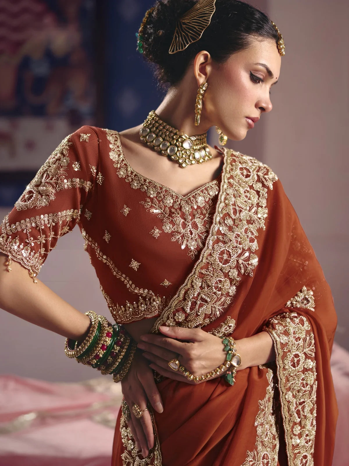 Tarani Supriya rust saree upper body view with embroidered blouse heavy bead work and zari border details