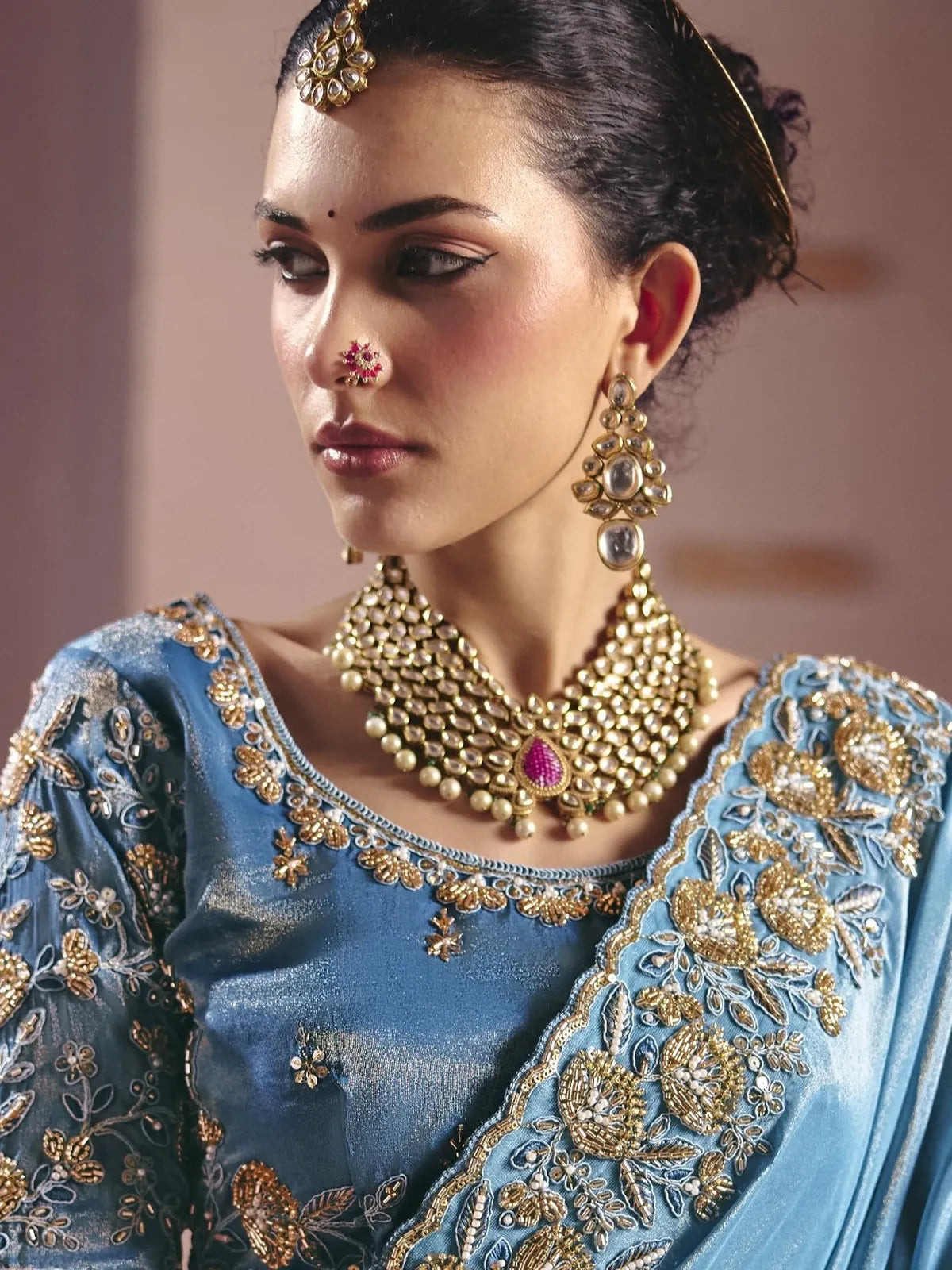 Tarani Harshada sky blue embroidered saree upper body view with zari tissue silk blouse and heavy work