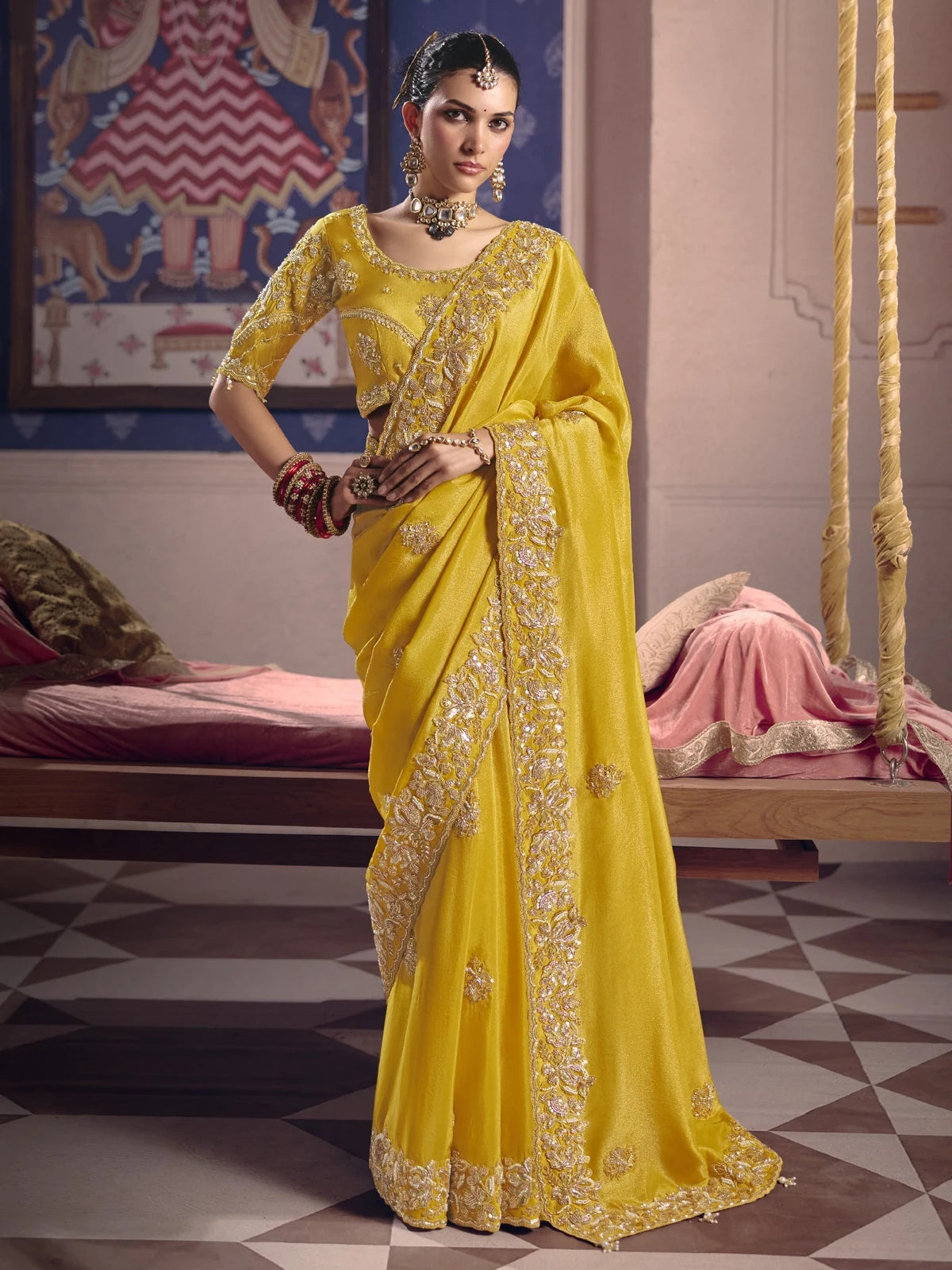 Tarani Deepali yellow Viscose Zari Tissue Silk saree full view with heavy embroidery bead work and ornate border
