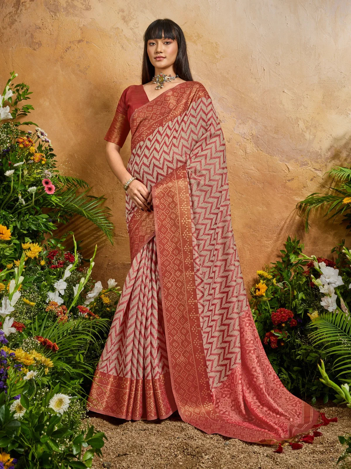 Tarani viscose cotton Patola saree in maroon with gold zari and zigzag pattern full view