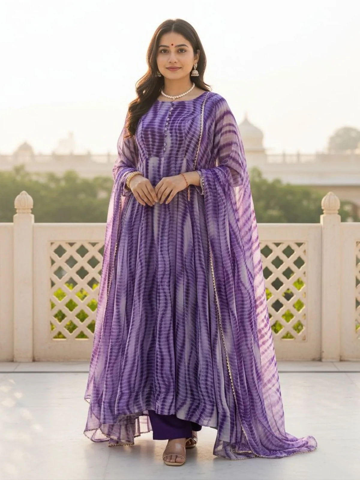 Tarani weightless purple traditional printed full view dress with dupatta for festive wear