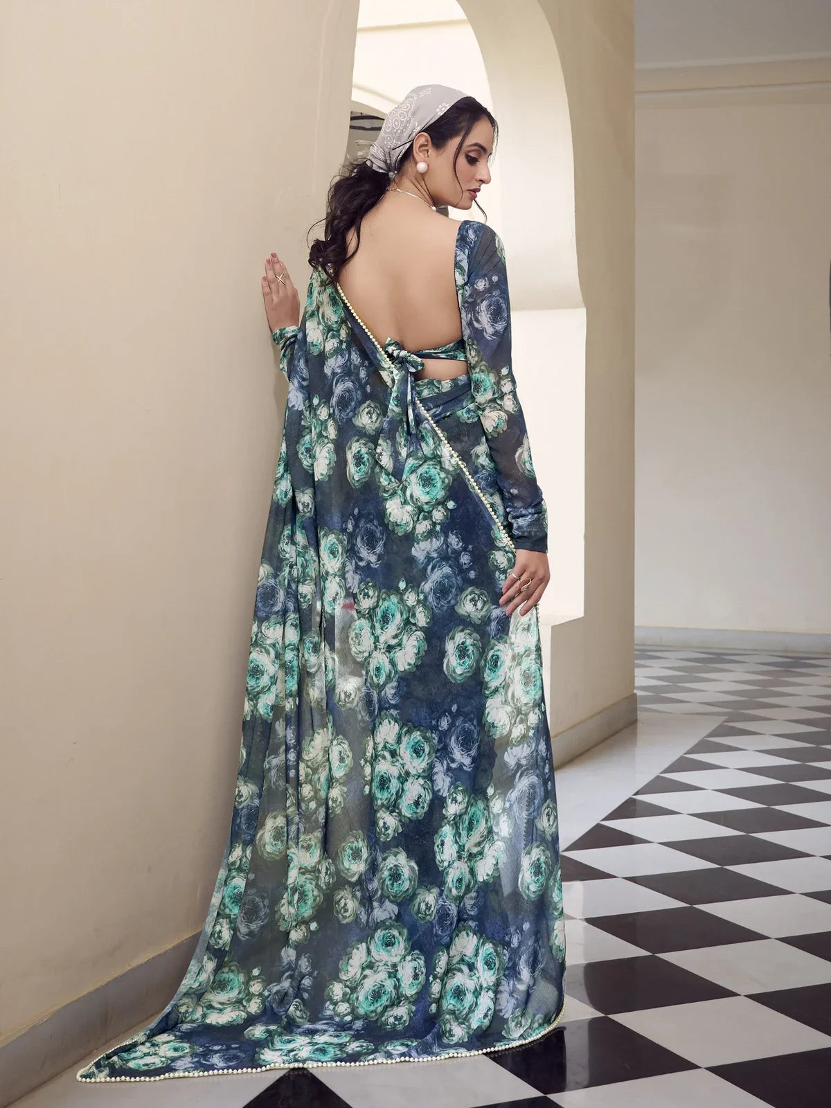 Tarani idhita Green Marble saree drape detail view for festive party and wedding wear