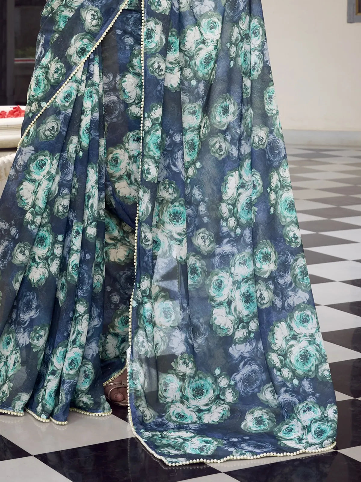 Tarani idhita Green Marble saree close up view for festive party and wedding wear