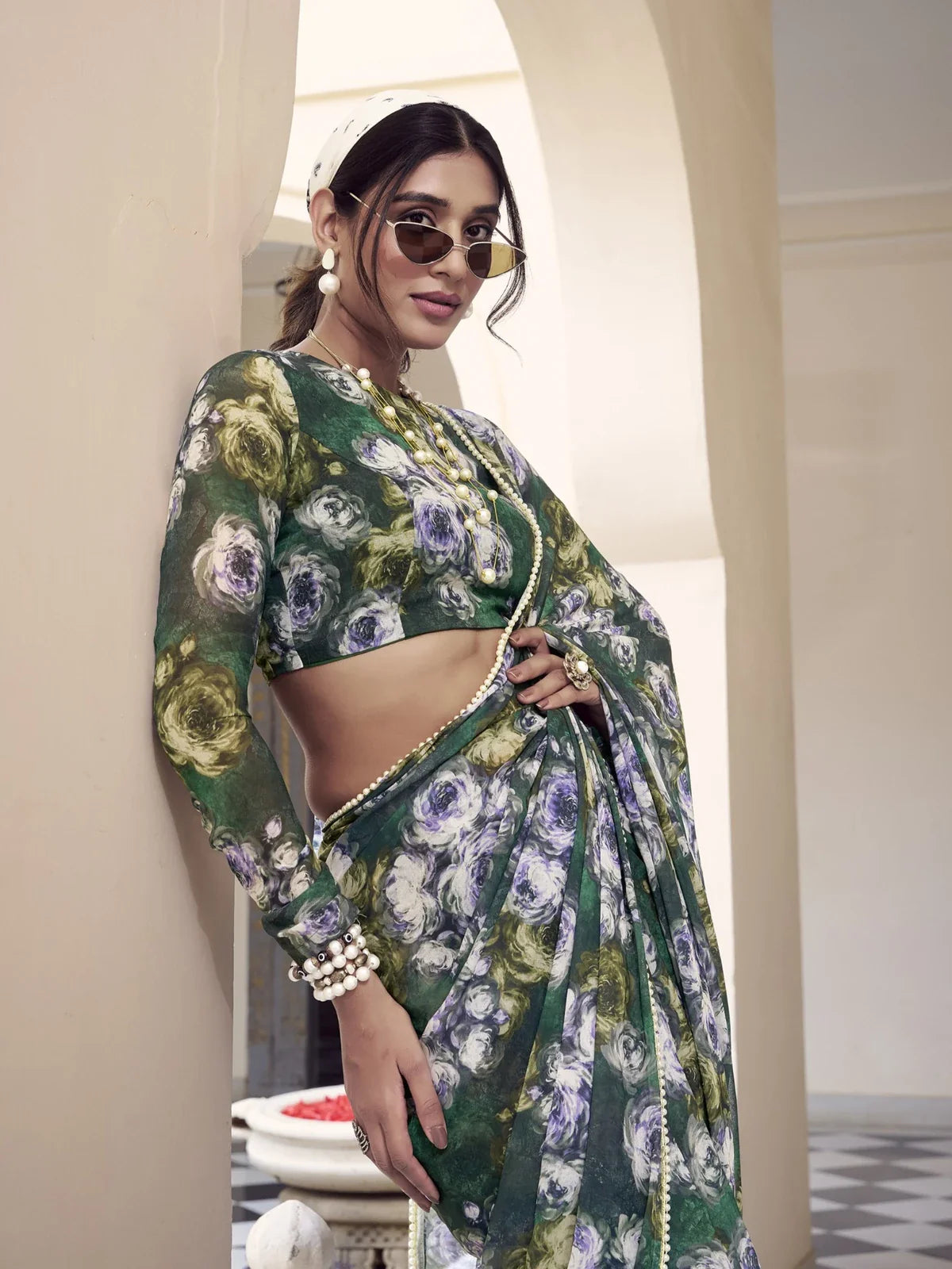 Tarani green floral saree upper body view with matching blouse in weightless fabric