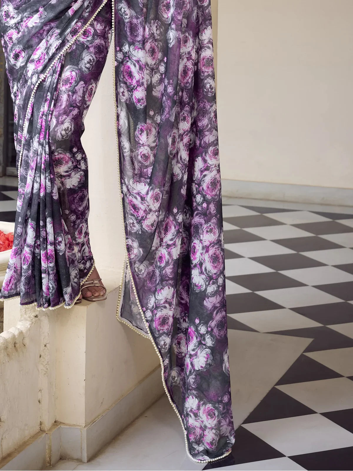 Tarani abhigyanika Purple Marble saree close up view for festive party and wedding wear