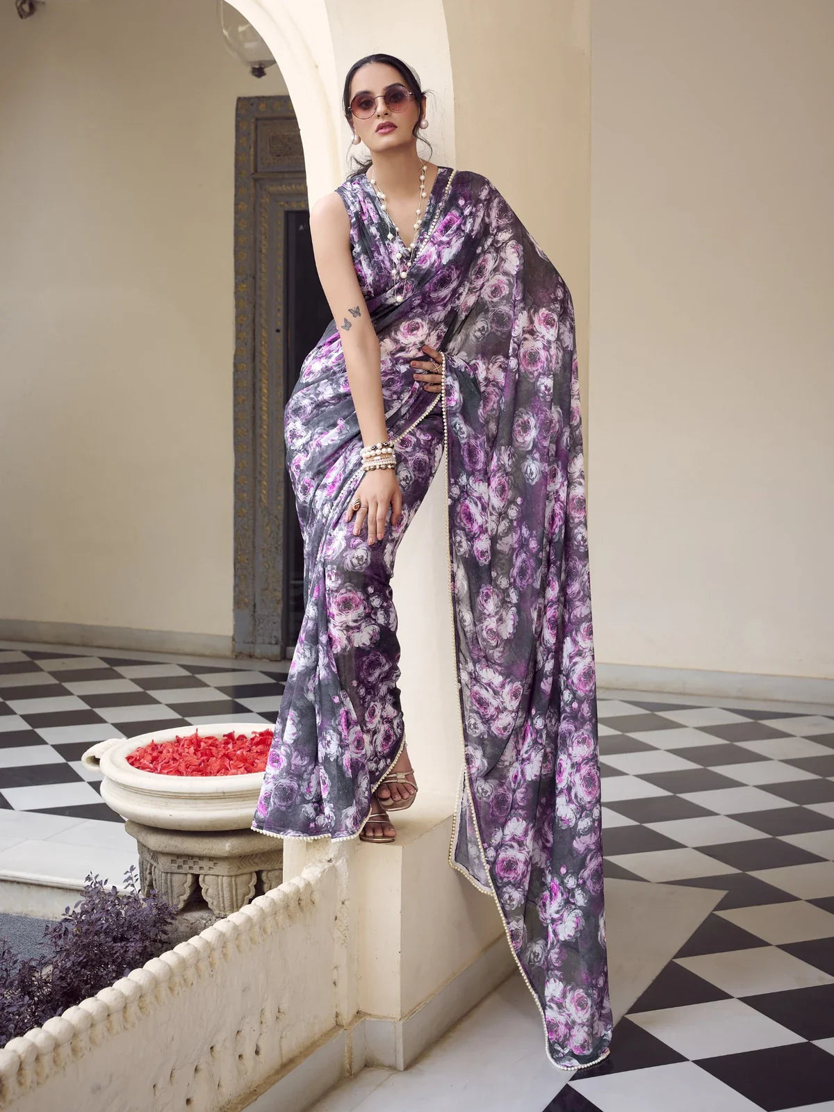 Tarani purple weightless marbal saree with floral print and soft fall – full front view