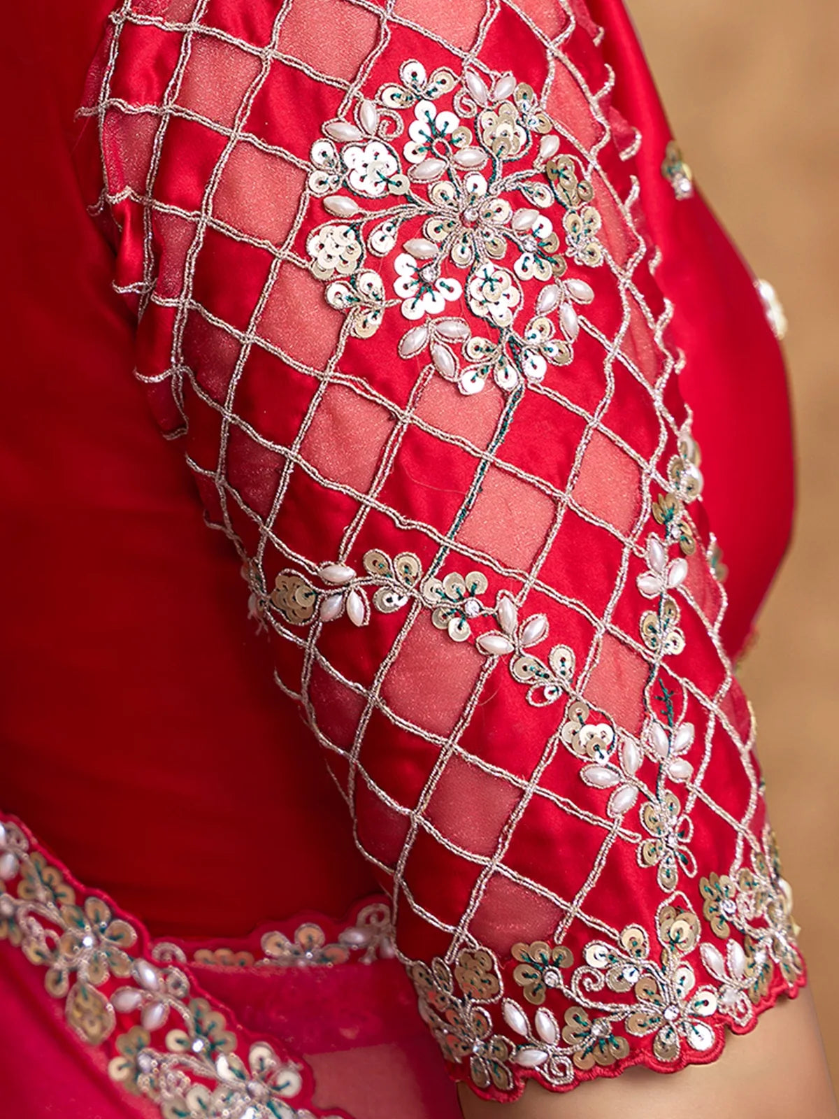 Tarani Amodini blouse view with intricate sequin pearl embroidery and net sleeve detailing