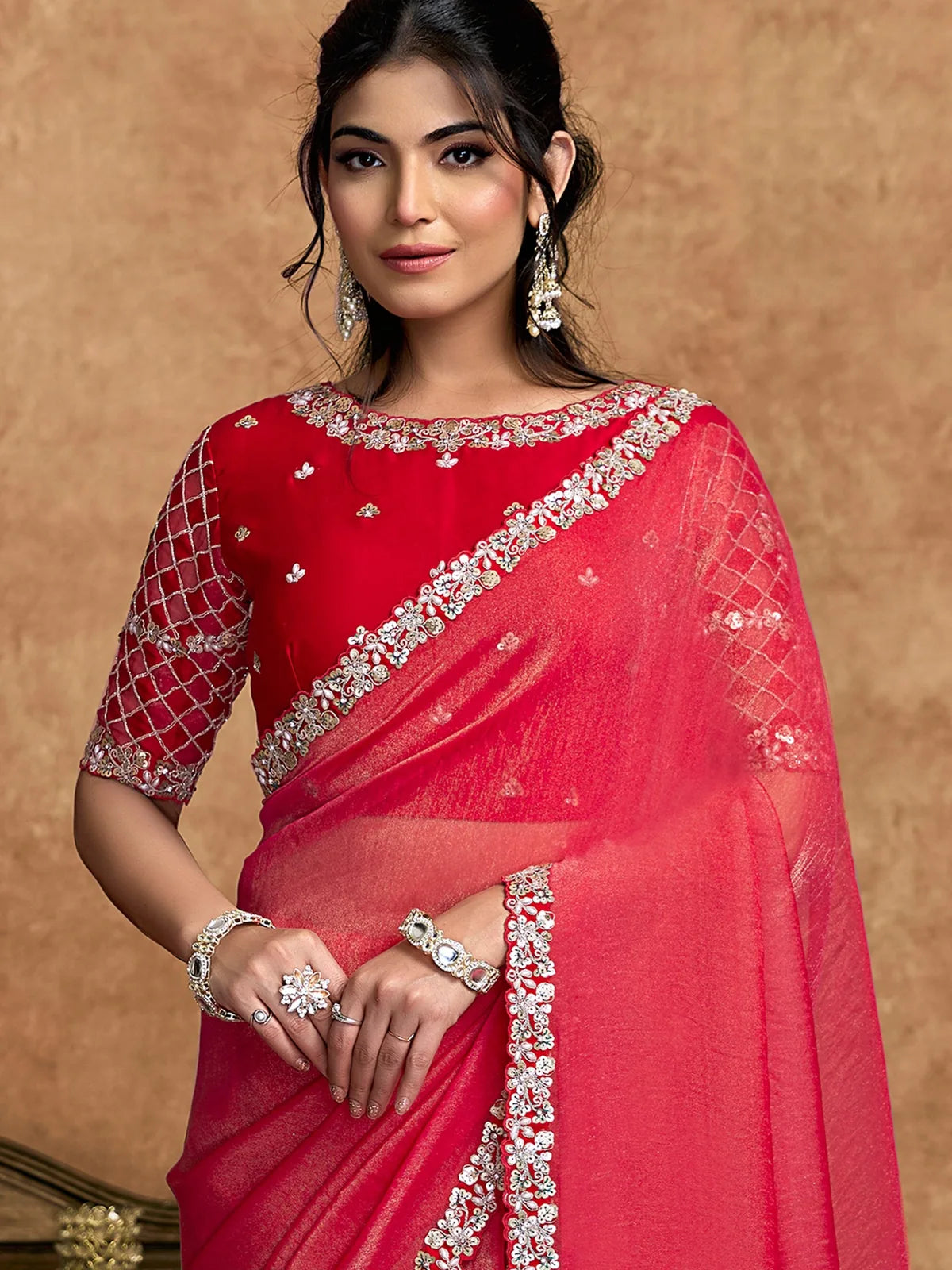 Tarani Amodini red festive saree upper body view with embellished blouse and shimmering organza drape