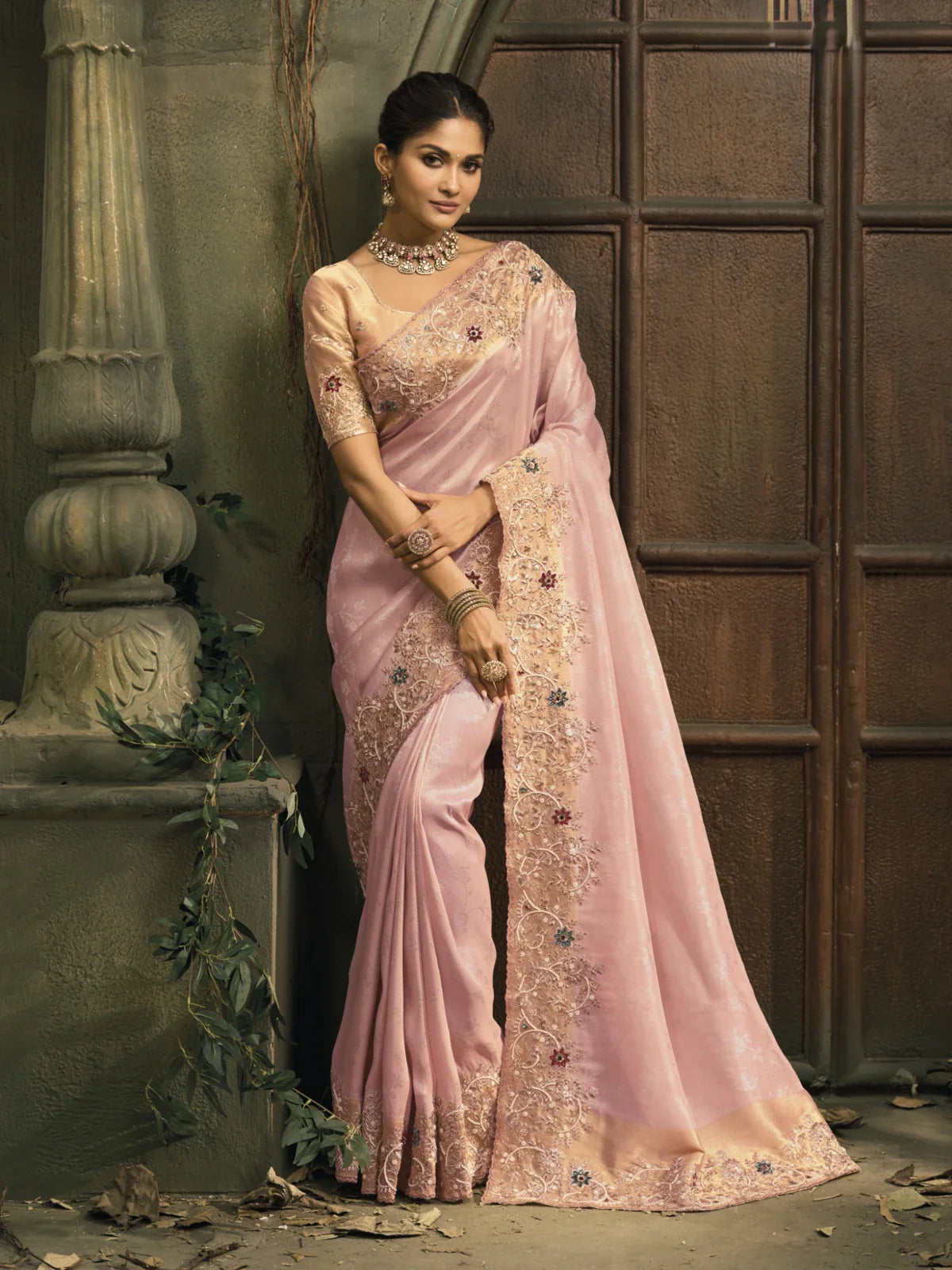 Tarani pink zarif silk saree full view with floral embroidery and soft drape