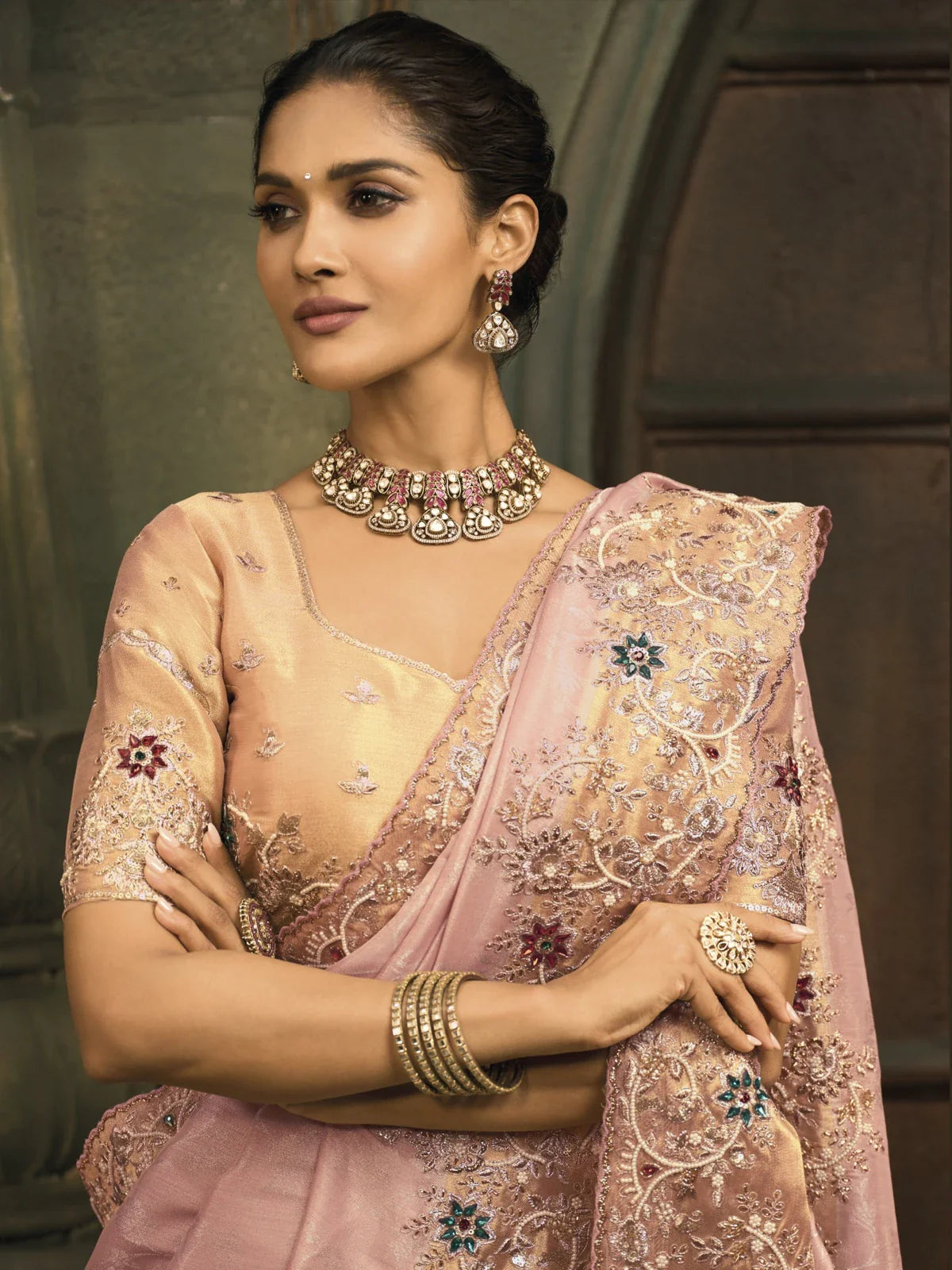Tarani zarif silk saree upper body closeup with blush tone and mirror work blouse