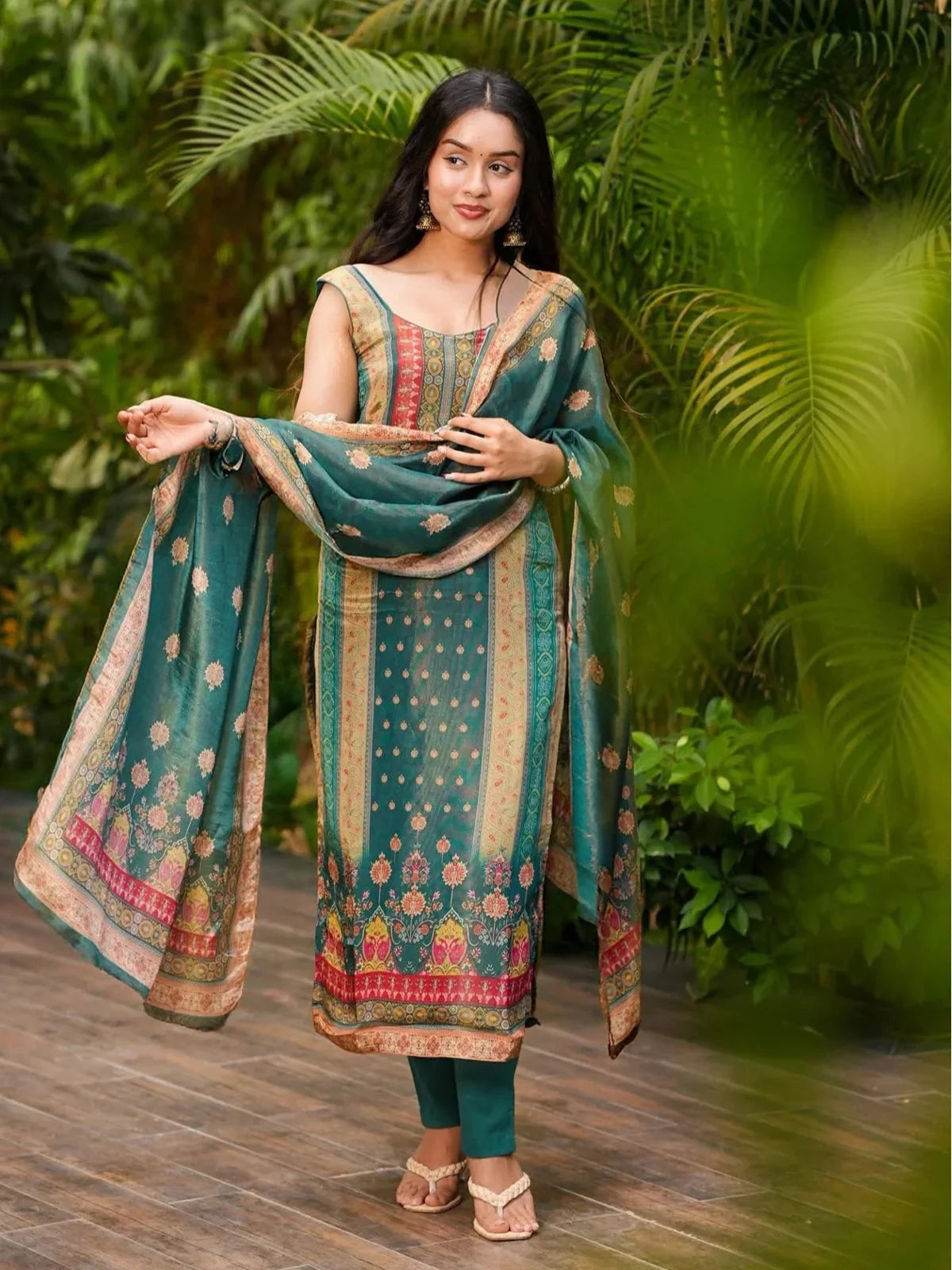 Tarani premium rama green Zarna silk kurti with printed dupatta full view