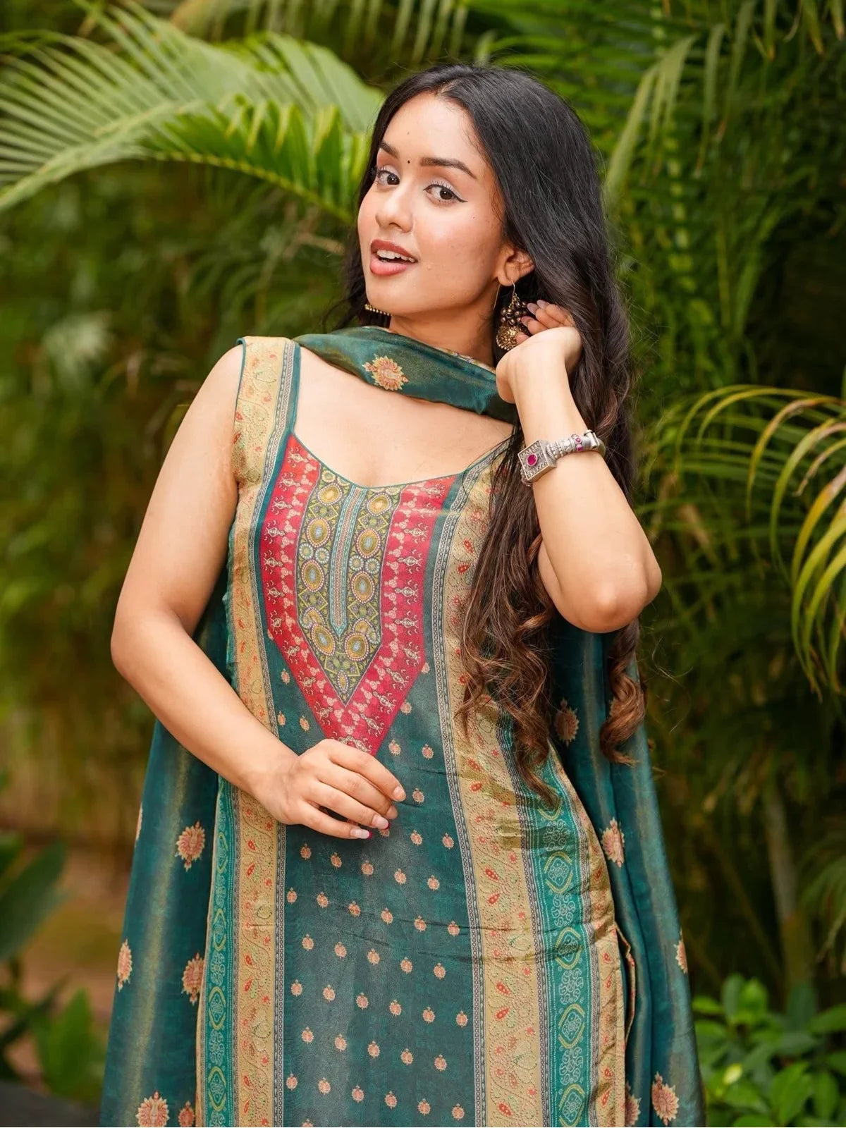 Tarani rama green Zarna silk kurti close front view with dupatta drape
