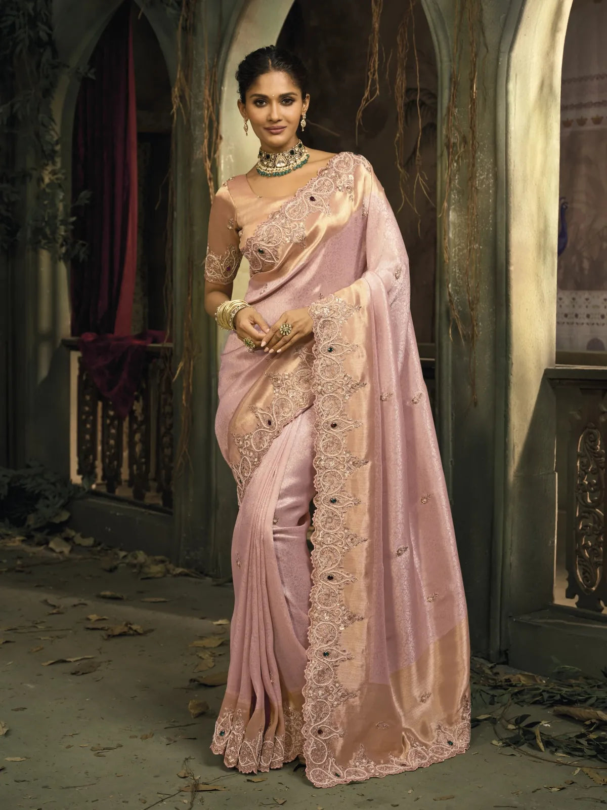 Tarani pink Ziraf silk saree with emerald work and coordinated blouse perfect for weddings and festive events