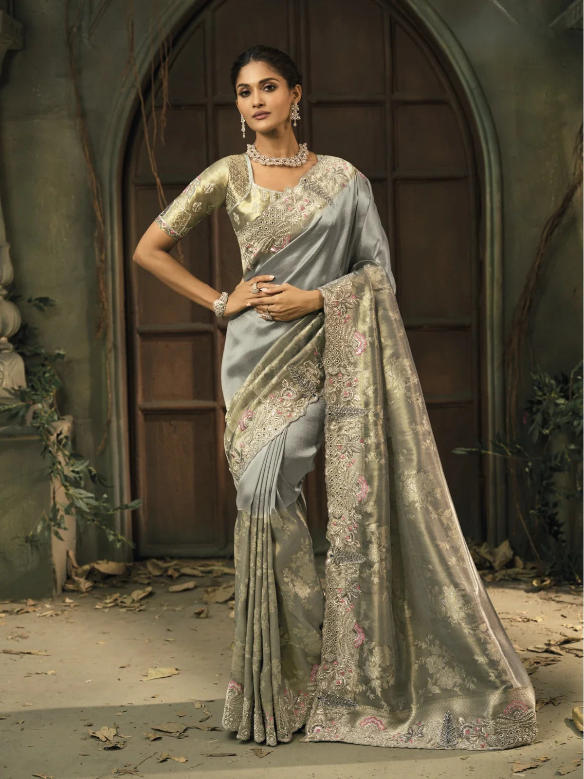 Tarani silver ziraf saree with moti heavy work and designer blouse for weddings and parties