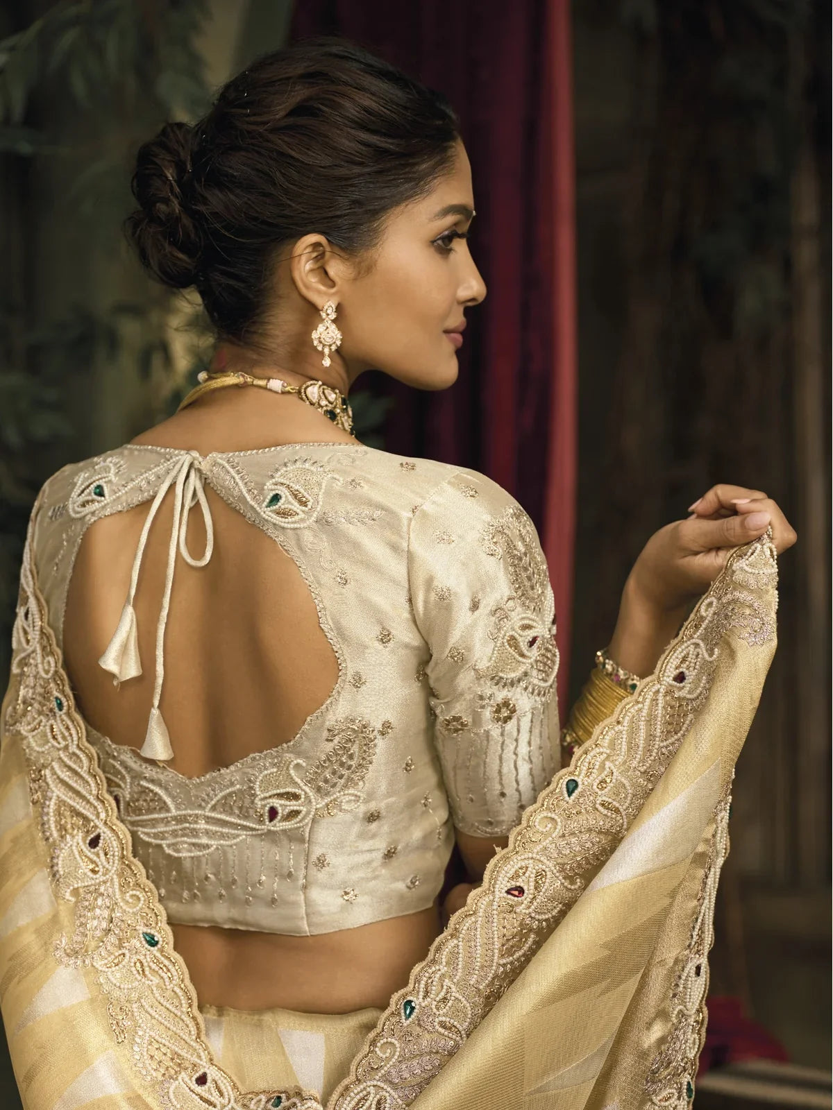 Tarani golden blouse back design with embroidery and mirror work in blouse-view