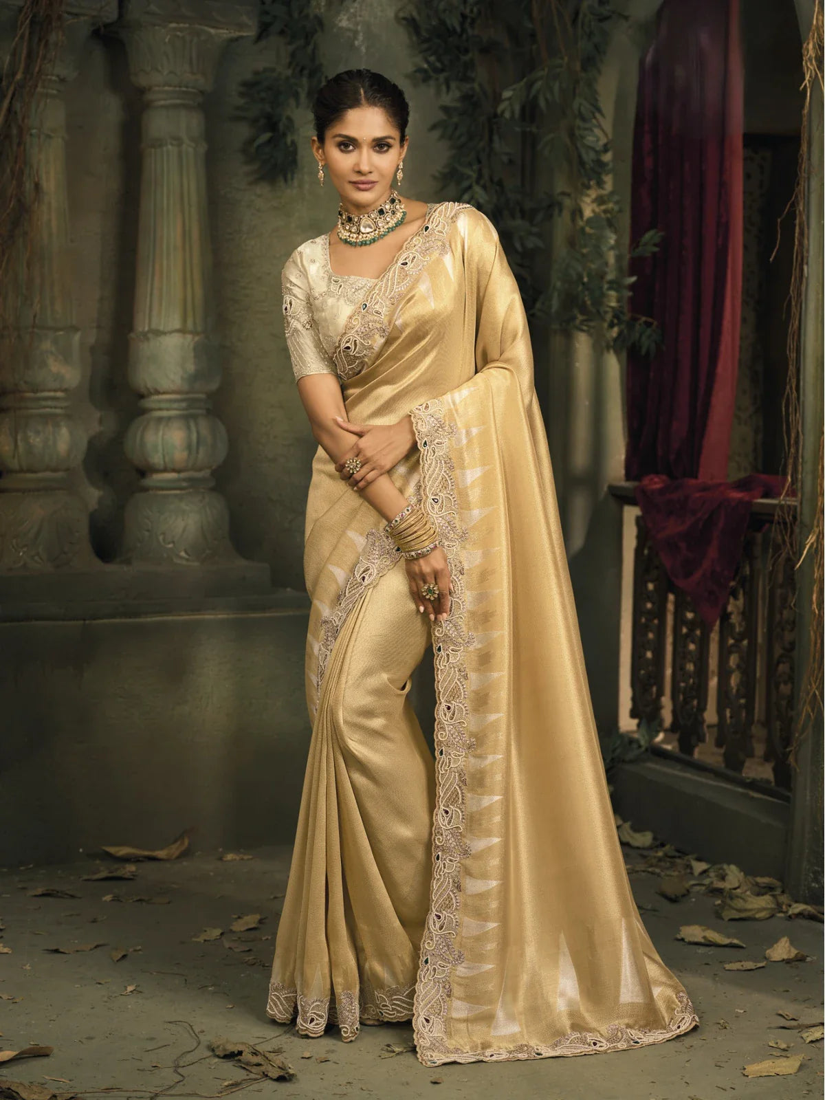 Tarani golden Ziraf Silk saree with mirror work border and embroidered blouse in full-view