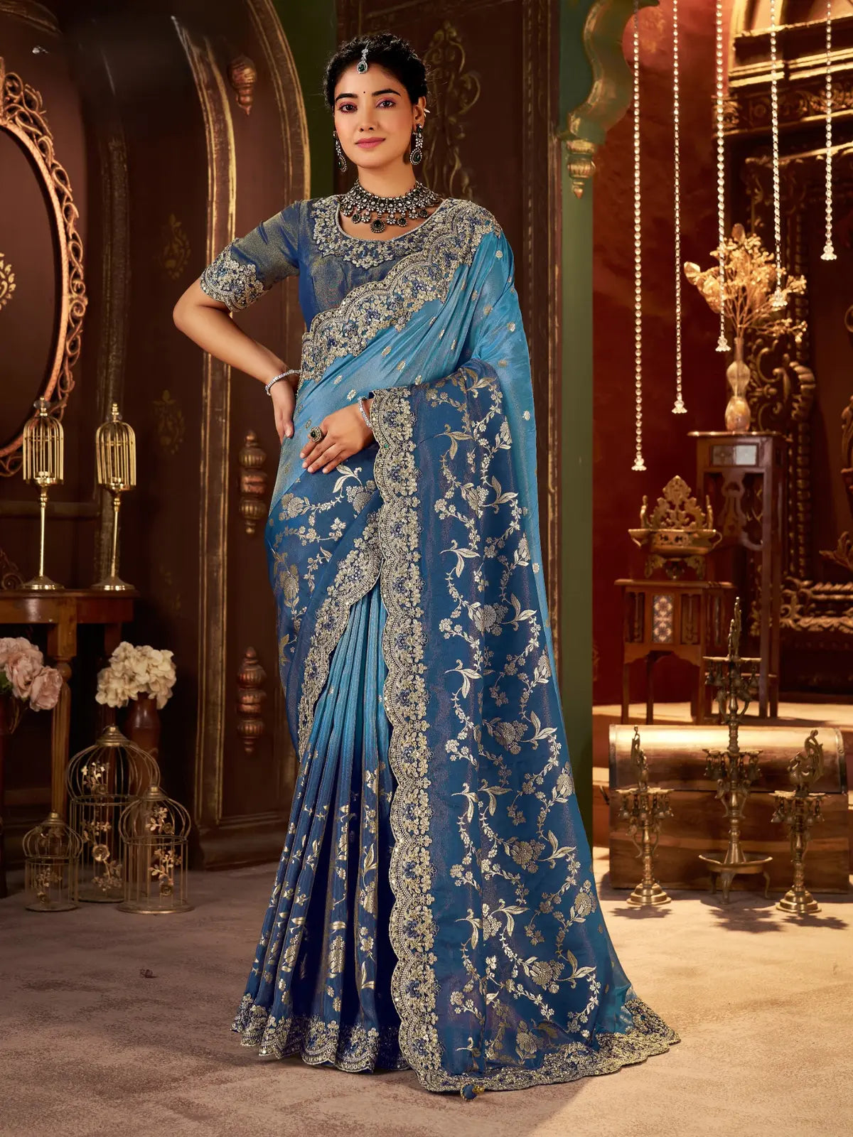 Tarani premium blue fancy saree with zari embroidery and latkan pallu front full view